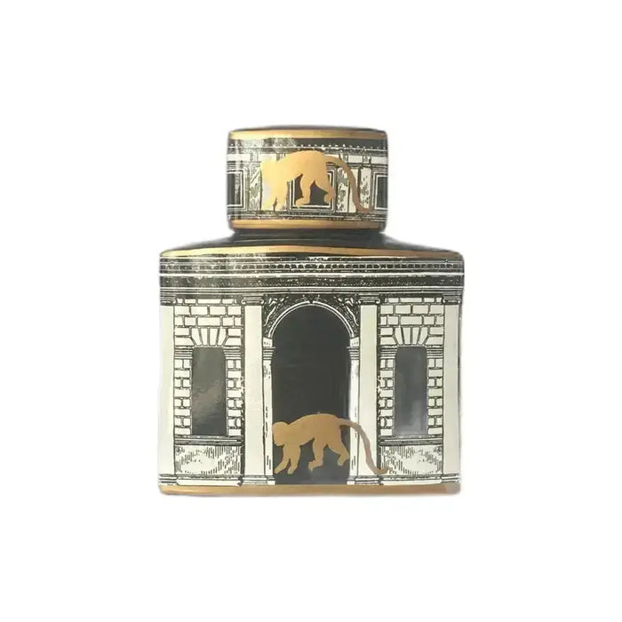 Ceramic Jar with Lid in Building Design with Gold Monkeys 24cm High JJ Crown Design