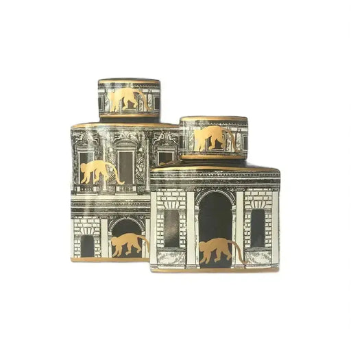 Ceramic Jar with Lid in Building Design with Gold Monkeys 24cm High JJ Crown Design