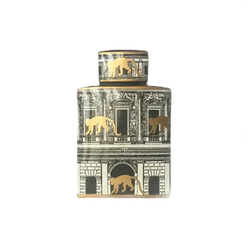 Ceramic Jar with Lid in Building Design with Gold Monkeys 32cm High JJ Crown Design