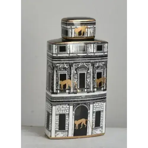Ceramic Jar with Lid in Building Design with Gold Monkeys 41cm High JJ Crown Design